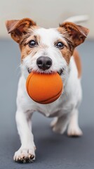 Playful Jack Russell Terrier with a ball in its mouth, signaling the importance of safeguarding against ticks and fleas.