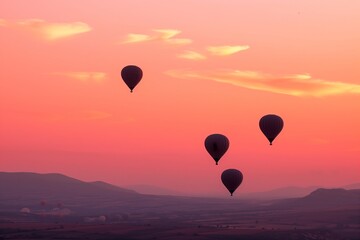 Fototapeta premium multiple balloons taking flight, pinkorange dawn sky