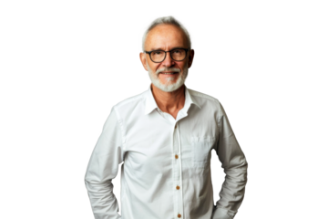 Portrait studio Smart and healthy senior business man wearing suit and t shirt that posing and smiling relaxedly isolated on transparent png background.