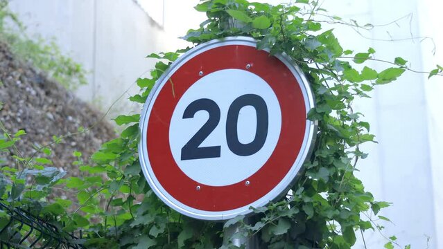 20 road sign, indicating the limit of twenty kilometers per hour for cars and other vehicles in Paris, France