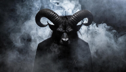 Scary black horned demon in black smoke. Spooky monster. Dark background.
