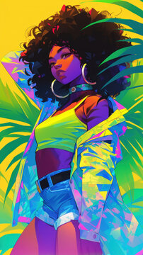 Illustration of a woman with afro hairstyle in colorful dress standing in front of palm trees