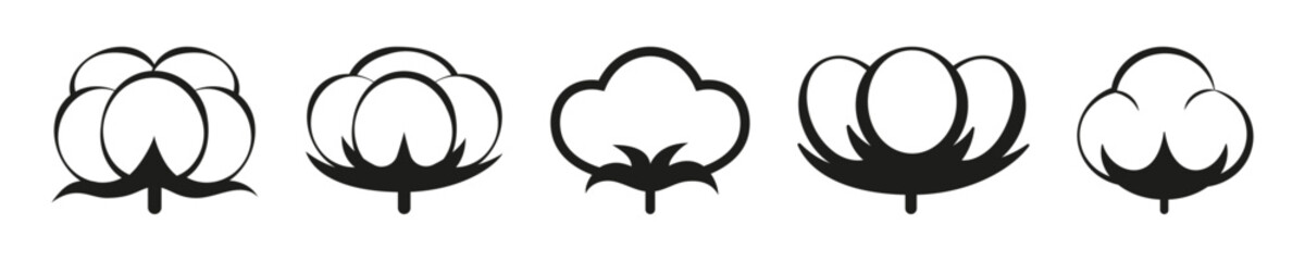Set of five ripened organic cotton plant icon from drawn black outline. Flat doodle style. Vector illustration.