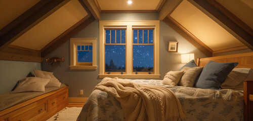 A charming Craftsman bungalow's attic bedroom, featuring views of the starry sky through dormer windows and slanted ceilings