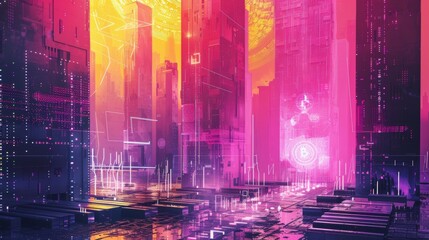 Obraz premium Crypto Exchange Neon Citadels: Digital Currency Marketplaces and conceptual metaphors of Digital Currency Marketplaces