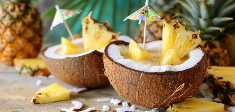 A coconut pineapple smoothie is presented in a hollowed-out coconut shell, adorned with paper umbrellas and pineapple wedges, creating a gorgeous sight