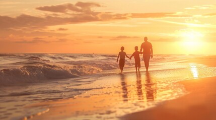 Fototapeta na wymiar Memories in the Making: With the sun setting on the horizon, casting a warm glow over the beach, the family embraces the magic of the moment, knowing that these cherished memories 