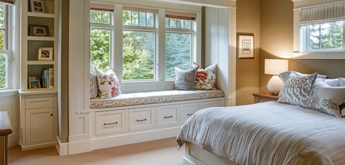 Fotobehang A comfortable area to curl up with a book and take in the view is provided by the built-in window seat in this charming Craftsman-style bedroom © Stone Shoaib