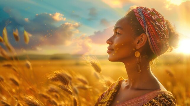 joyful Reflection: As Aisha gazes out across the field, her heart swells with gratitude for the simple pleasures of life. 