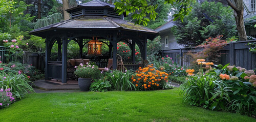 A charming Craftsman-style gazebo nestled in a secluded corner of the backyard, surrounded by...