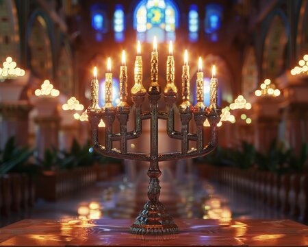 3D illustration of Hanukkah, a menorah with detailed candles, focus on lighting effects