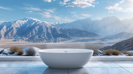 An opulent white bathtub rests gracefully against the awe-inspiring backdrop of majestic mountains, creating a tranquil and picturesque vista that captivates the senses - obrazy, fototapety, plakaty