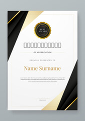 Black white and gold certificate of corporate luxury and modern template. For corporate, achievement, diploma, award, graduation, completion, appreciation, acknowledgement, recognition etc