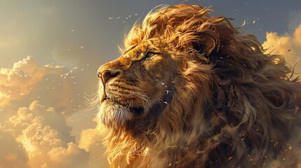 realism illustration, a detailed portrait of a regal lion, majestic mane - obrazy, fototapety, plakaty