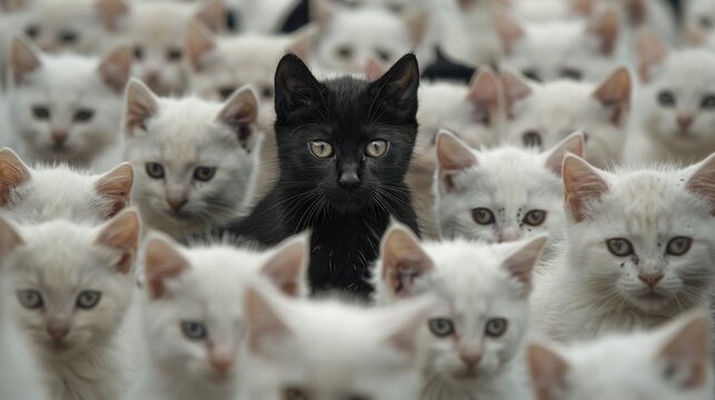 One Black Cat in Center Standing Out Among White Cat Crowd

