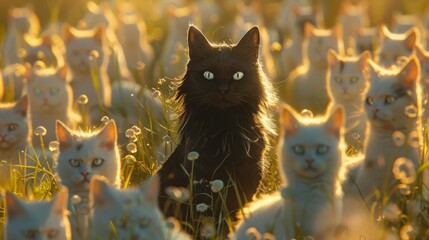 Fototapeta premium Lone Black Cat Amongst Herd of White Cats in Sunlit Field