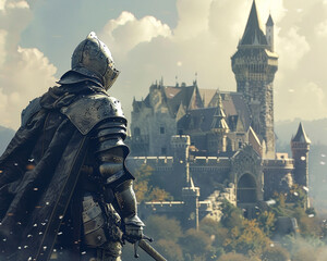 A majestic knight standing proudly in shining armor against a backdrop of a medieval castle, - obrazy, fototapety, plakaty