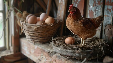 chicken and nest with eggs inside the coop, the concept of farming and organic products