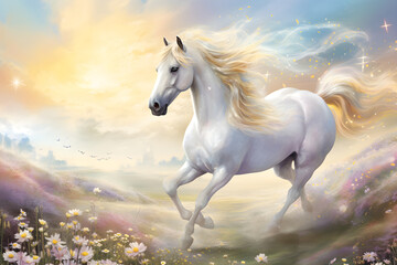 Spellbinding Illustration of a Mystical Unicorn Galloping across Pastel-colored Meadow under a Vibrant Blue Sky