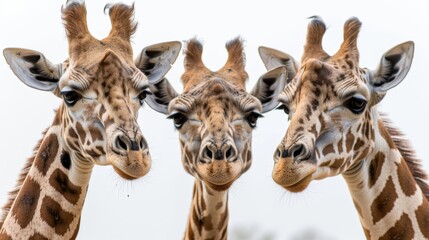 Three giraffes facing forward with curious expressions, set against a clear sky.