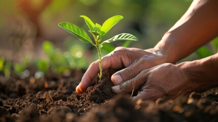 Close-up of hands planting a young green sapling in fertile soil with sunlight highlighting the plant.