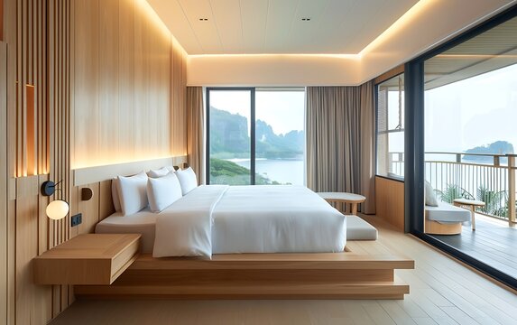 A photograph of the interior design of an ocean view hotel room with a double bed, large window, and balcony overlooking the sea in Thailand