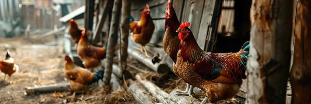 horizontal banner, a flock of roosters and chickens on the background of a chicken coop, the concept of farming and organic products, healthy food, sunny day
