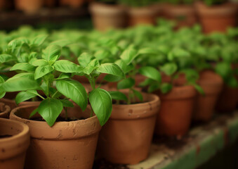 Fototapeta premium clay pots with young sweet basil plants outside, food growing