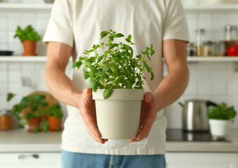 Males hands holding basil plant in the light beige pot on the white kitchen background