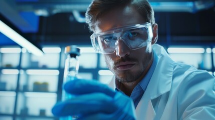 Close-up of a focused male scientist holding a test tube with blue liquid in a modern laboratory. - obrazy, fototapety, plakaty