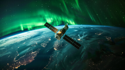 Aurora Borealis and Satellite Over Earth at Night