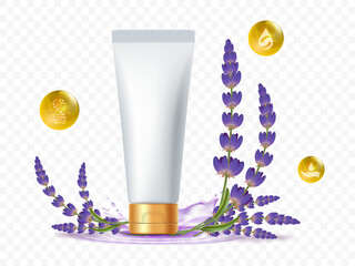 Cream tube mockups with lavender flowers. Templates isolated on transparent background. Vector stock illustration