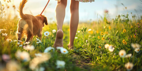 Woman walking barefoot with her dog outdoors in a field full of wild flowers