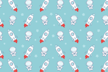 Seamless pattern with cartoon astronaut and rocket, space ship, stars. Vector illustration with cute childish cosmic elements. Space hand drawn background.
