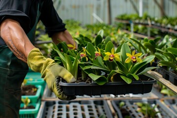 worker carrying tray of orchid seedlings