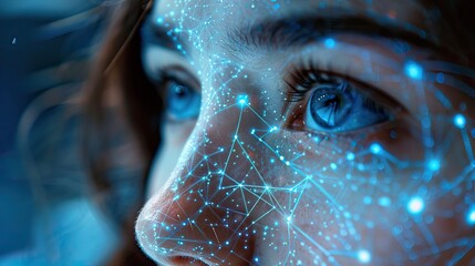 Side profile of a woman with a digital blue pattern overlay, depicting cutting-edge facial recognition technology - obrazy, fototapety, plakaty