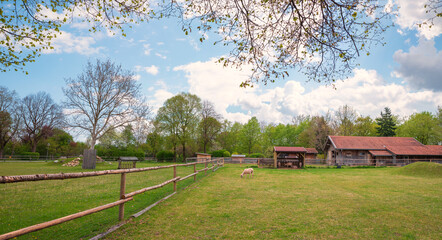 recreational area Umweltgarten Neubiberg, at springtime. park with farm animals
