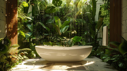 Luxurious jungle bath is surrounded by a variety of plants, creating an exotic atmosphere