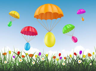 Easter painted colorful eggs fly on parachutes against the backdrop of a green meadow with grass and flowers. Vector stock illustration