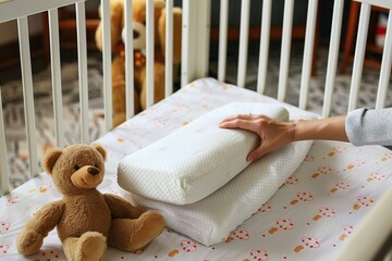 person placing an orthopedic pillow in a baby crib, teddy bear beside - obrazy, fototapety, plakaty