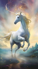 Obraz na płótnie Canvas Spellbinding Illustration of a Mystical Unicorn Galloping across Pastel-colored Meadow under a Vibrant Blue Sky