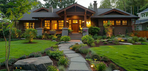 A lovely front yard with a stone walkway in the Craftsman style that leads to the home's hospitable front door - obrazy, fototapety, plakaty
