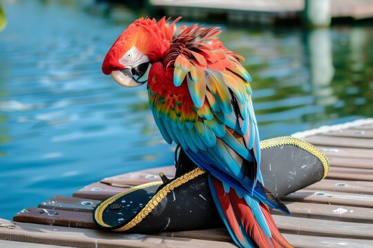 parrot preening feathers while sitting on pirate hat on dock