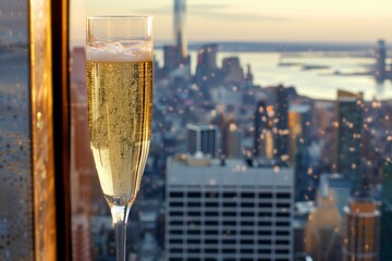 glass of sparkling champagne, urban vista