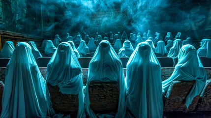 Ghostly figures in theater seats - surreal and eerie concept