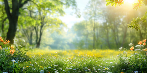A bright sun shines on the green grass, yellow wildflowers of daisies blooming on blue sky background.A beautiful spring summer meadow .banner
