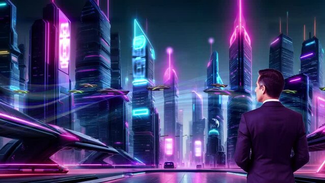 Business person overlooking futuristic neon night city skyline