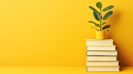 Potted plant atop a pile of books against yellow
