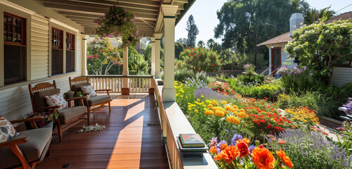 A picturesque Craftsman bungalow with a wrap-around porch, overlooking a tranquil garden filled with colorful blooms