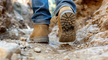Close-up of hiker's boots on a rocky trail, capturing the essence of adventure